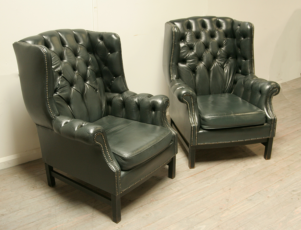 Pair Of Dark Green Leather Wing Chairs Haunt Antiques for the